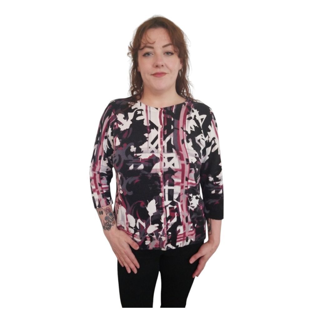 Christopher Banks Sweater Black White and Magenta Button Down Print Size Large